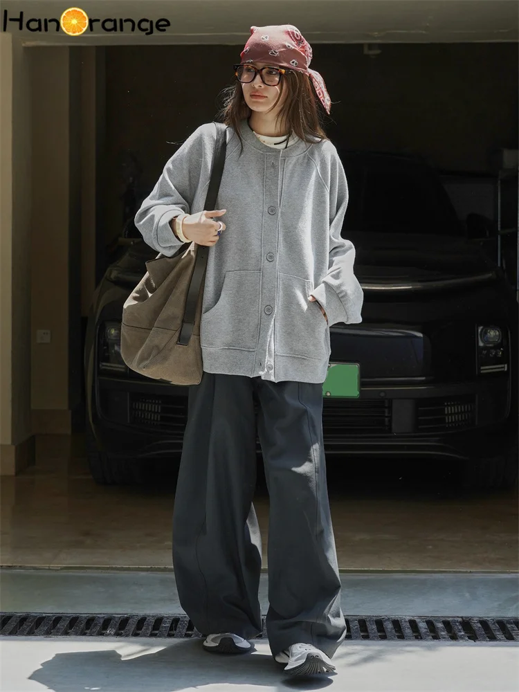 HanOrange 2025 Early Autumn Casual Off Shoulder Baseball Collar Cardigan Sweatshirt Women Soft Sticky Stacked Top Grey/Purple