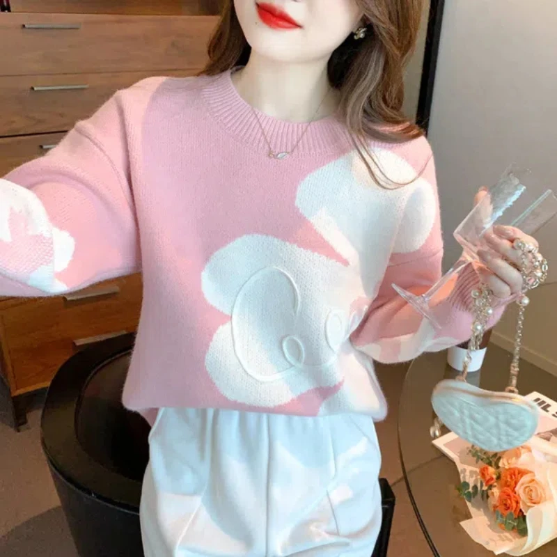 Korean Sweet Autumn/Winter Women\'s Sweaters O-Neck Jacquard WeaveContrast Color Chic Loose Long Sleeve Pullovers Knitted Tops