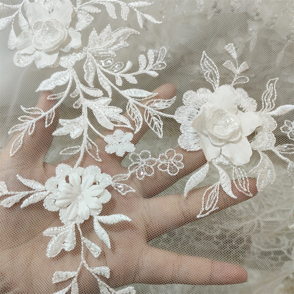 1Yard 3d flower Fabric 3d wedding  Off white fabric 2024 New Tulle Mesh Fabric Flower embroidered lace fabric Sewing Fabric