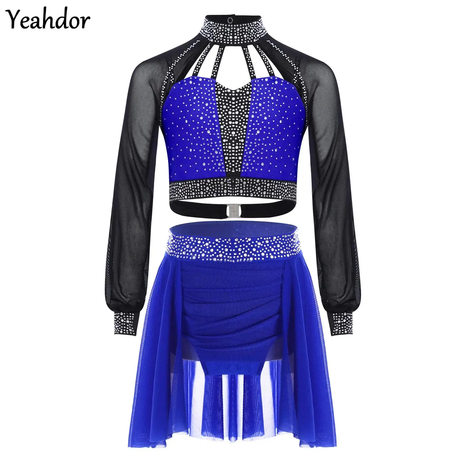 

Girls Ballet Dance Set Sheer Mesh Long Sleeves Rhinestones Dance Crop Top with Skirt Skating Contemporary Lyrical Dance Costume