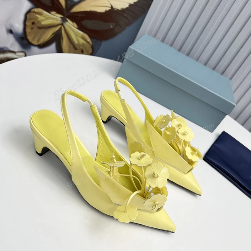 

Yellow Flower Strange Style Heel Pumps Pointed Toe Back Strap Elastic Band Slip-on Fashion Women Shoes 2023 Zapatos Para Mujere