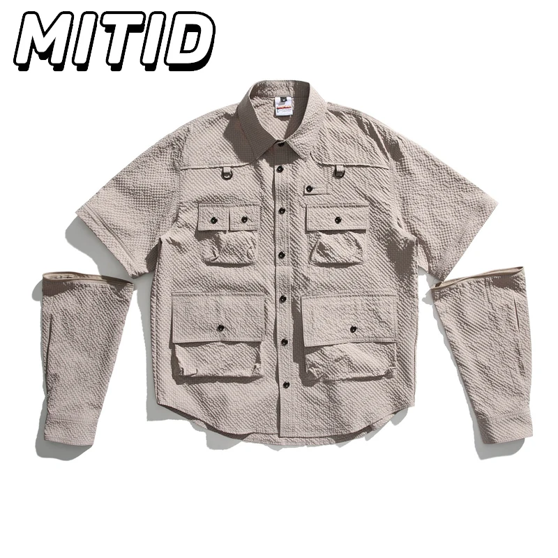 

Japanese Style Long Sleeve Shirts Men Retro Pleated Multi-pockets Sleeves Detachable Mens Shirts Fashion Mens Designer Clothes