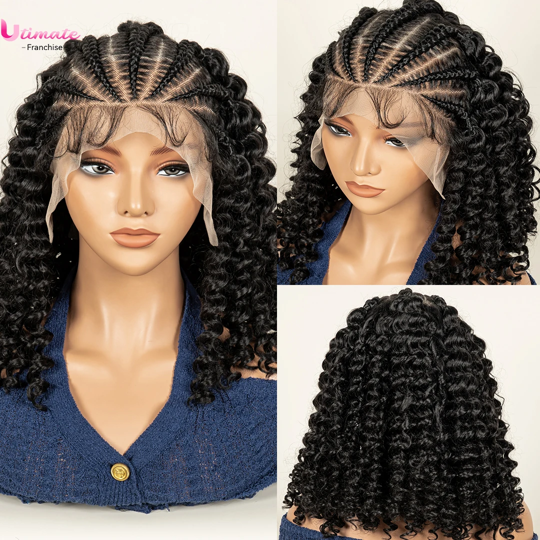 

Парики из синтетических волос с глубокими волнами и детскими косичками, плетеный вьющийся парик, прозрачный 13x6, кружевной фронтальный, 16 дюймов, подходит для чернокожих женщин