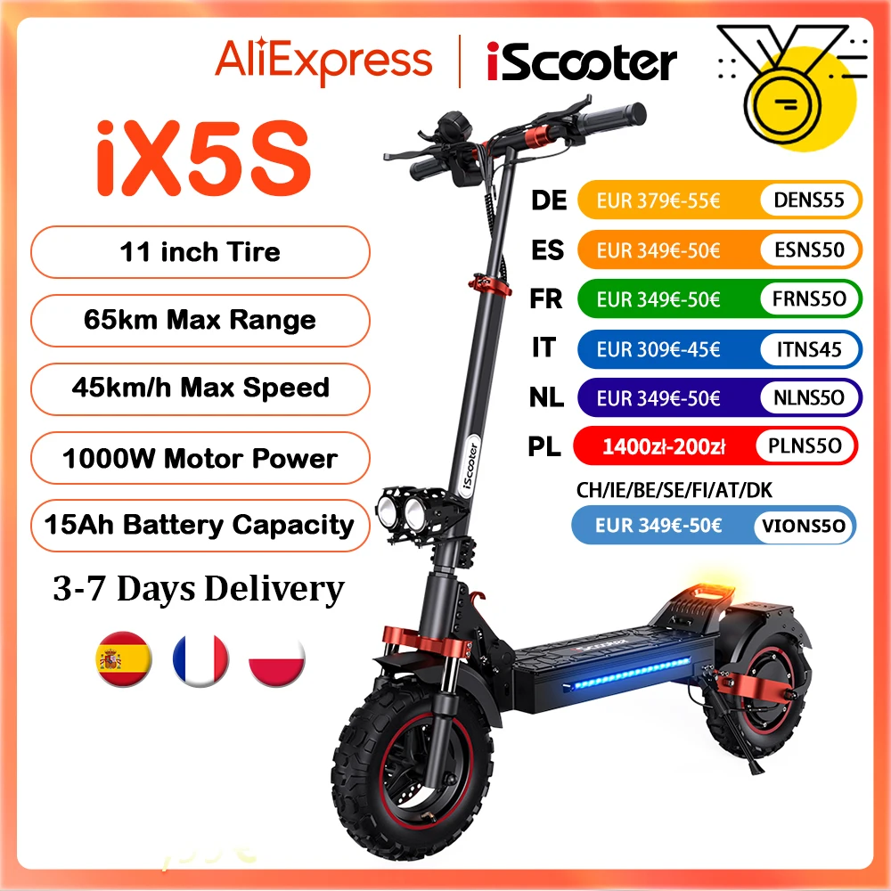 Patinete eléctrico iScooter iX5s de 15 Ah y 1000 W, potente, antideslizante, todoterreno, con neumático, autonomía de… — oferta en AliExpress
