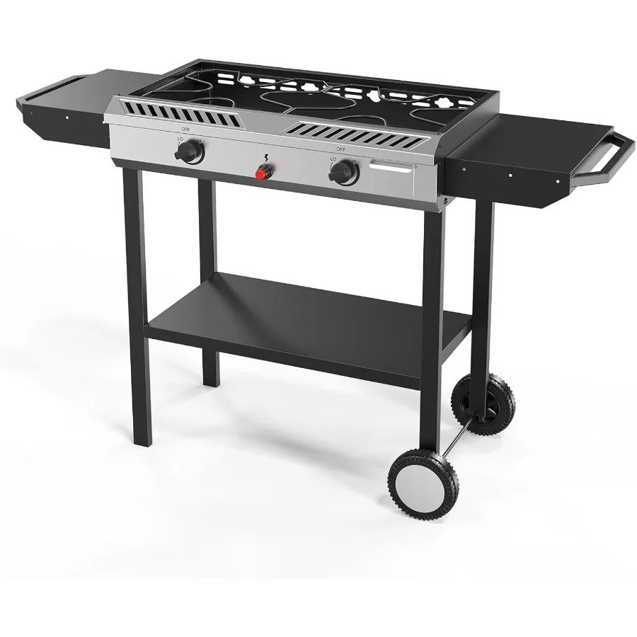 

2 Burner Propane Gas Burner with Auto Ignition 150000 BTU Camping Stove with Storage Shelf and Rolling Wheels Portable Outdoor