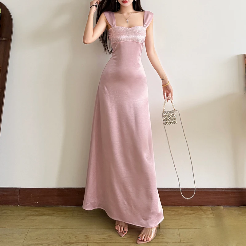 Sommerliches neues High-Waist-Party-Maxikleid, modisches, einfarbiges Abendkleid aus Satin mit Strass, sexy Neckholder, ärmellos, schmal geschnitten, Bankettkleid