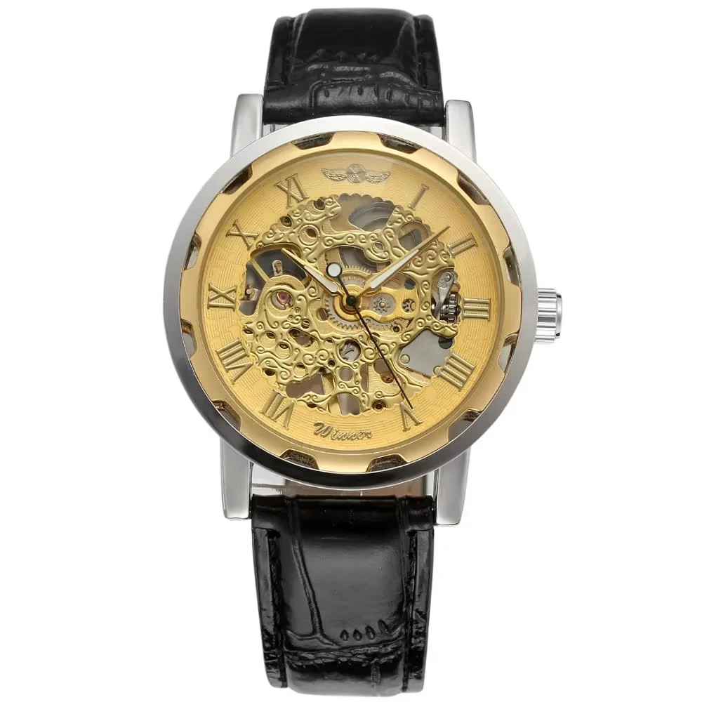 WINNER Fashion trend men's and women's watch  gold hollow dial leather strap automatic mechanical wrist watch