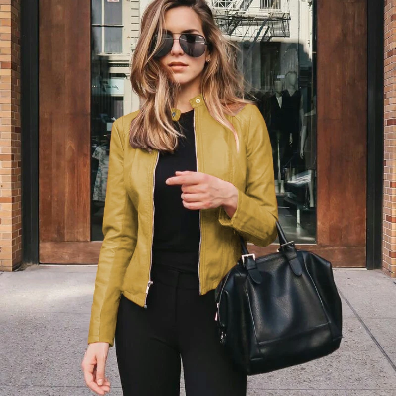 Mode Slim Fit Kleine Jas Vrouwen Pu Lederen Pak Effen Kleur Glanzende Leren Jas Herfst/Winter 2023 Trendy Jas Streetwear