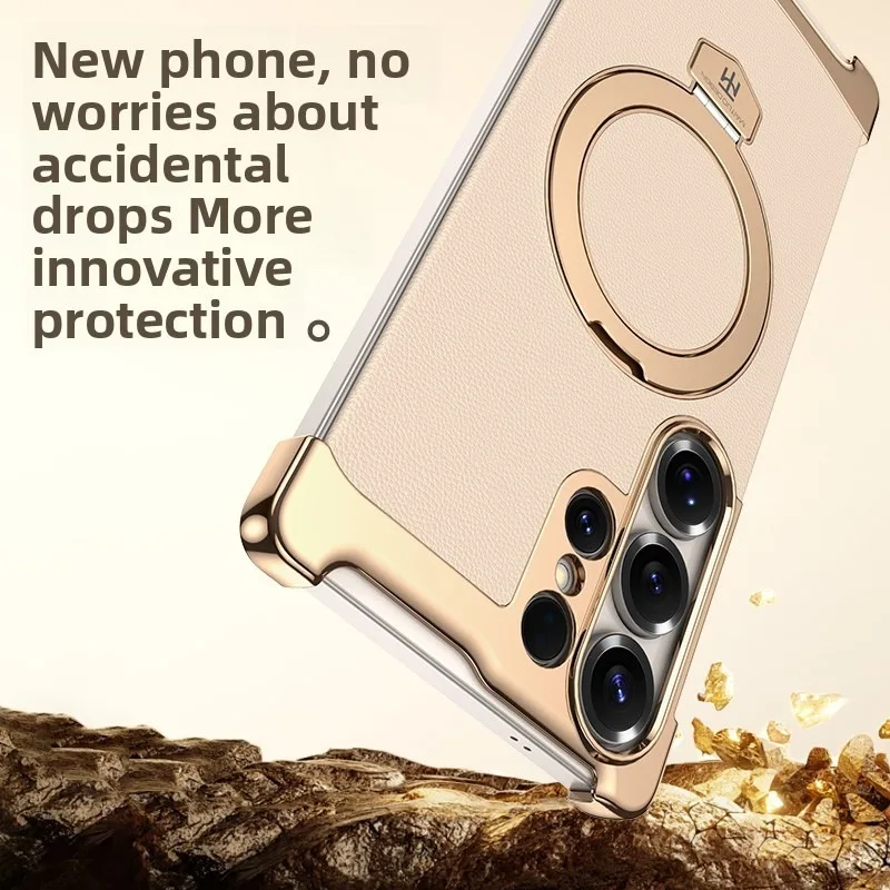 

Роскошный текстурированный чехол для телефона Samsung Galaxy S25 24 Ultra без границ, кожаный чехол с магнитным кронштейном