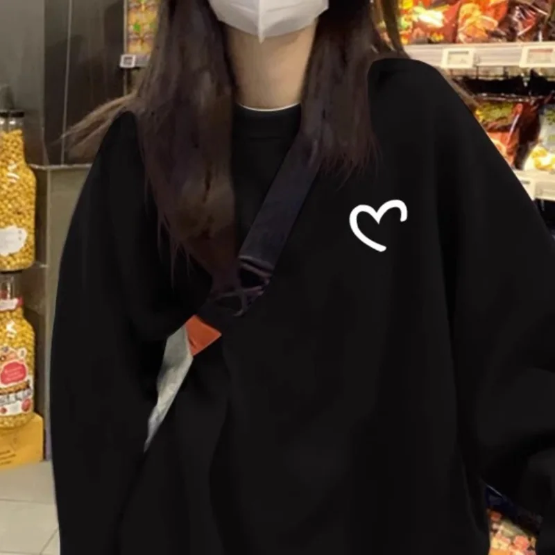 Sudadera con capucha informal holgada de terciopelo para mujer, abrigo de otoño e invierno, camisa básica de manga larga con cuello redondo en forma de corazón