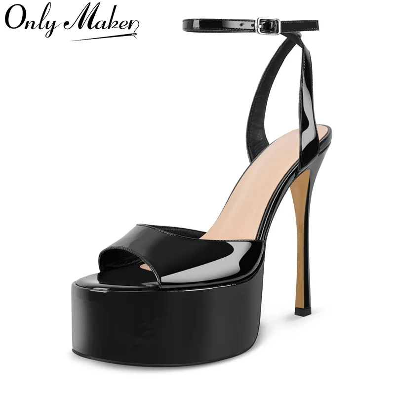 

Onlymaker Women Black Peep Toe Patent Leather Platform Sandals Thin High Heel Party Evening Dress Stiletto Heels Sandals