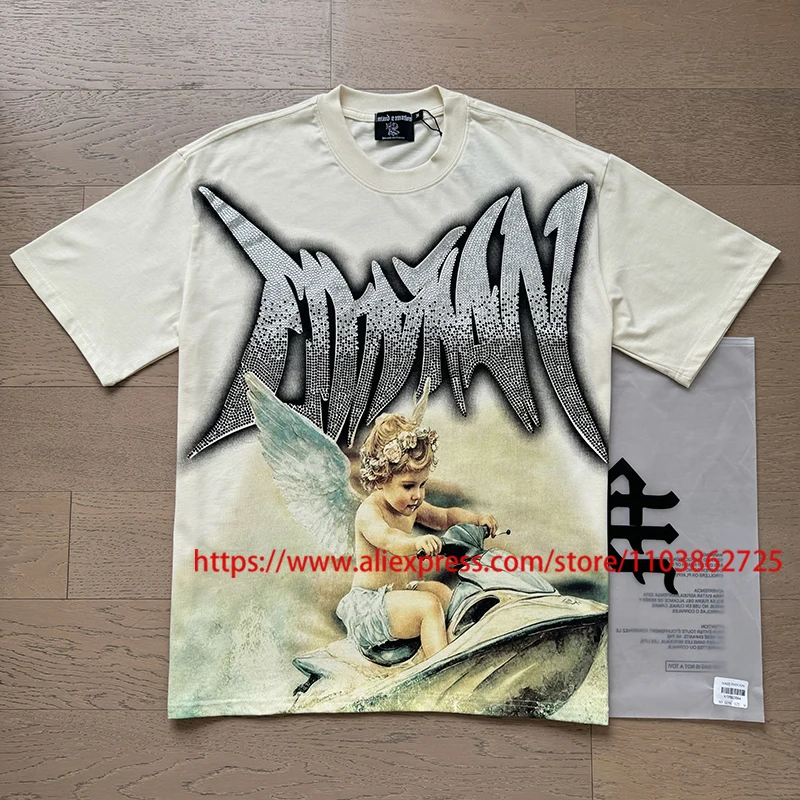 

Real Photo Mixed Emotion T-shirt Hot Drill Cartoon Angel Print Fashionable Casual Round Neck MIXED EMOTION Short-sleeved Top