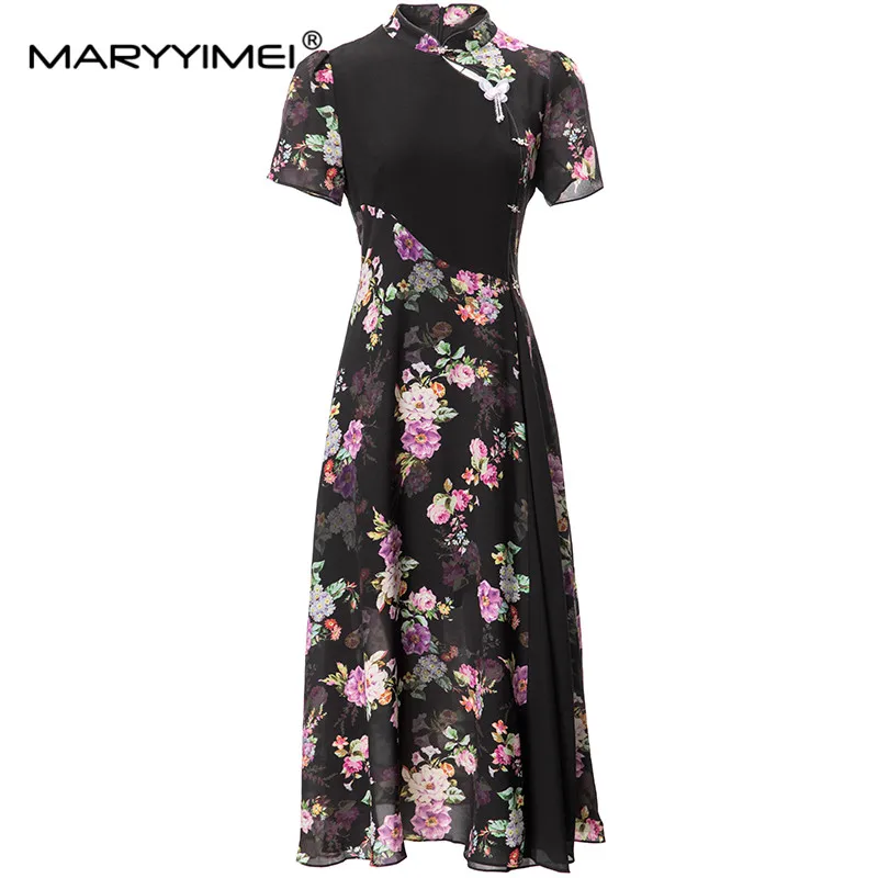 

MARYYIMEI Fashion Designer spring Summer Women's Stand Collar Short-Sleeved Button Hollow out Printed Holiday Dresses