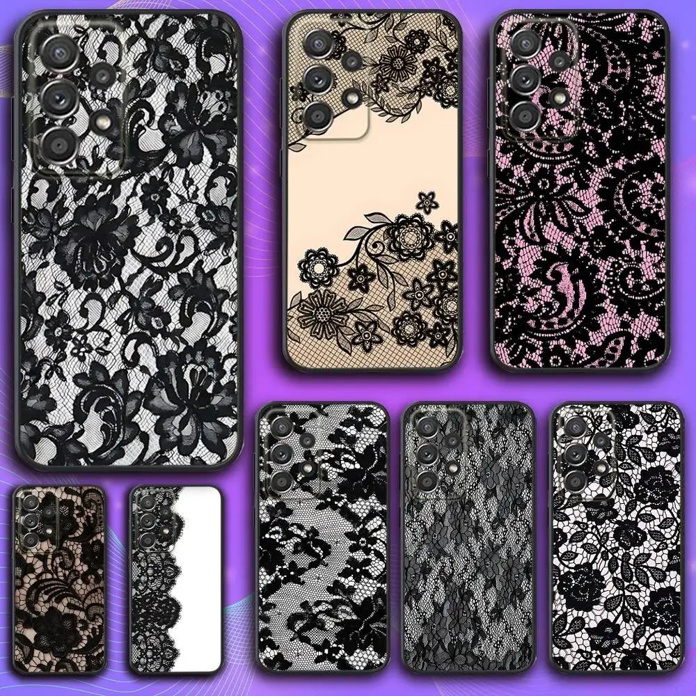 

Black lace print Phone Case For Samsung S 25,24,23,22,30,21,10,9,Ultra,Plus,Lite,FE,4,5 G Soft Black Case