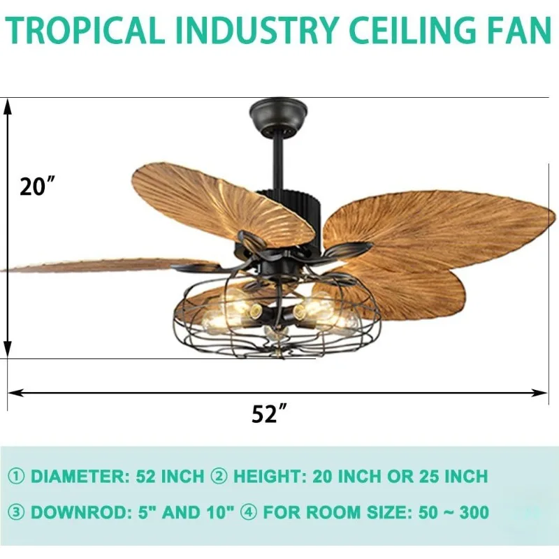 52-дюймовый тропический вентилятор, промышленная клетка, потолочный вентилятор с подсветкой, дистанционное управление, внутренняя люстра, вентилятор, черная отделка