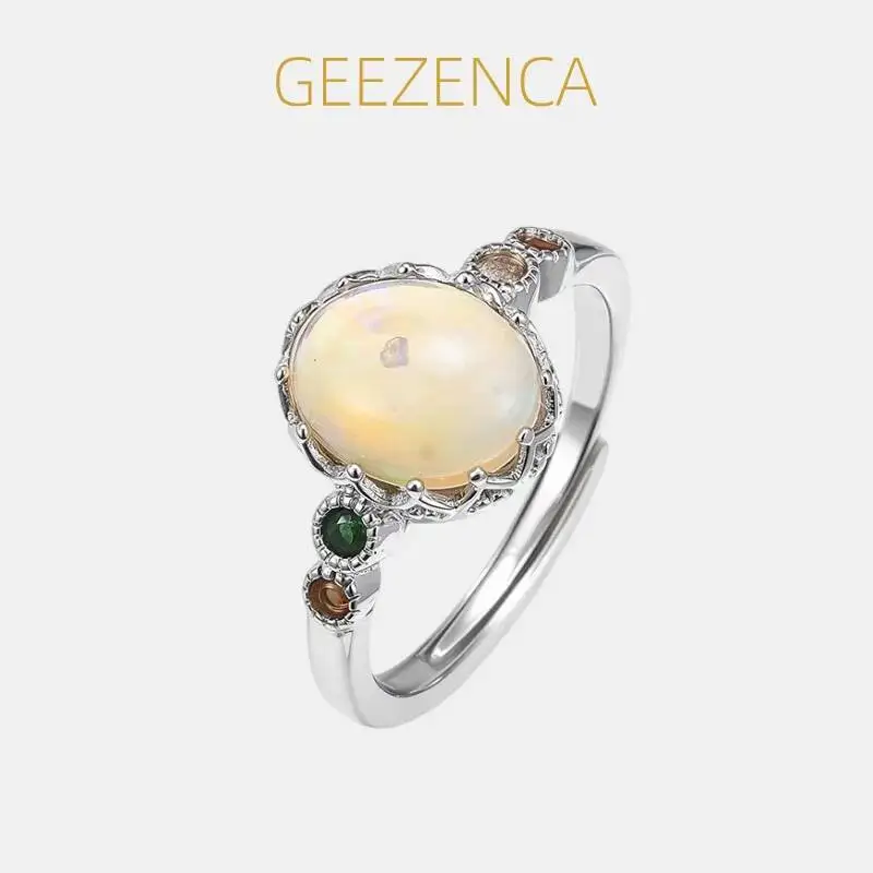 

GEEZENCA овальный ореол опал камень стерлингового серебра 925 пробы регулируемые кольца женские CZ изящные модные легкие кольца любовь подарок для нее