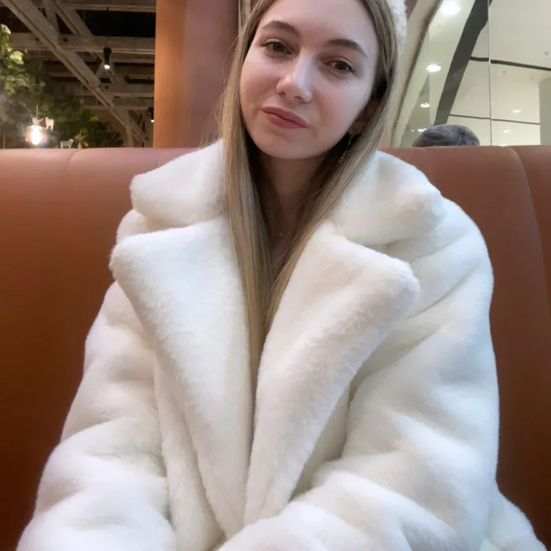 Fleece Elegante Winter Frauen Nerz Pelzmantel Anzug Kragen Große Taschen Weibliche Künstliche Pelz Jacke Minimalistischen Solide Dame Pelzmantel