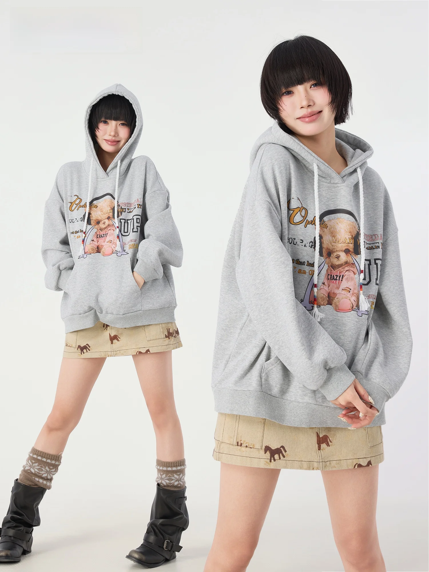 

Новая зимняя толстовка Didimax с капюшоном, свободного кроя, женская, милый стиль, W06882, хлопок/полиэстер, с длинными рукавами