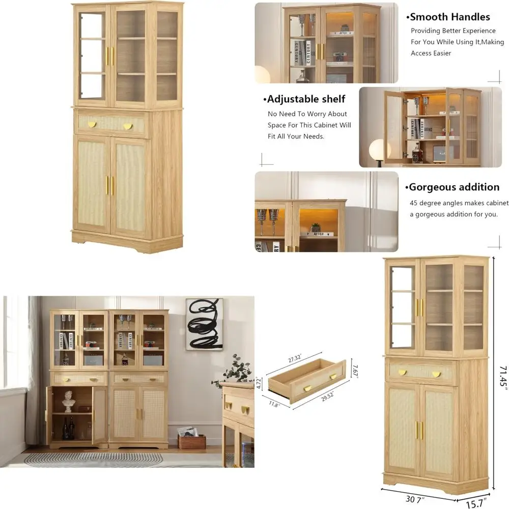 Modern Farmhouse Style Tall Wood Pantry Cabinet with Glass Doors, Kitchen Storage Cabinet Featuring Drawer and Adjustable Shelve