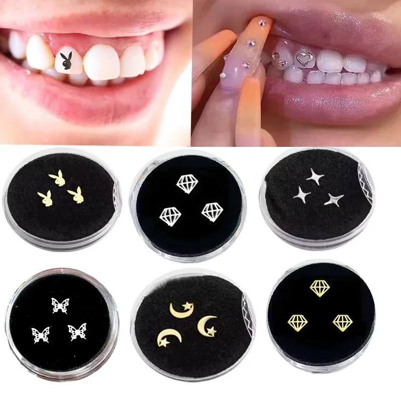 3 Stück/Box Modisches Zahnschmuck-Set Zahnschmuck Diamanten Zahnaufhellung Zahnaufhellungs-Ornamente Zahnprothesen Acryl Dentalprodukte