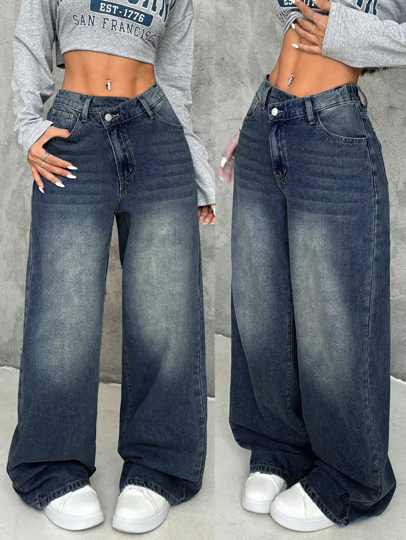 

Женские джинсы с высокой талией и широкими штанинами, с эффектом потертости, свободного кроя для повседневной уличной моды