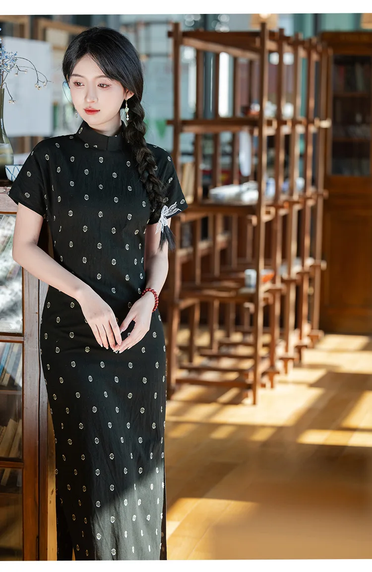 

Improved Cheongsam Summer Evening Dress Young Black Cotton Temperament Chinese Style Dress Skirt Qipao Banquet for Women