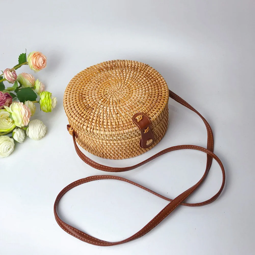 New Bali Vintage Handmade Crossbody Straw Bag Round Beach Bag Girls Circle Rattan Bag Small Bohemian Shoulder Bag