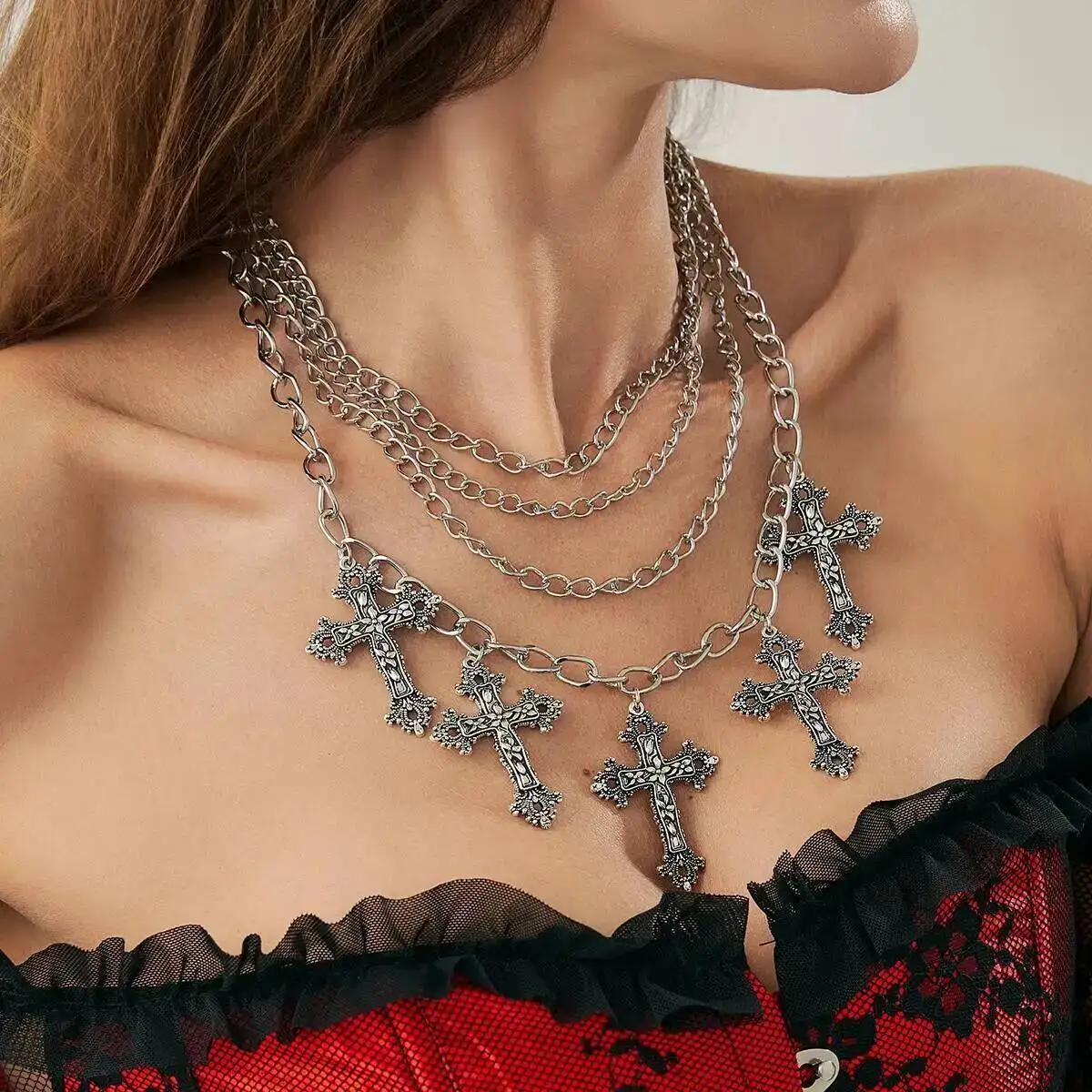 SHIXIN 4 قطعة/المجموعة القوطية يسوع الصليب قلادة قلادة للنساء الشرير متعدد الطبقات تكويم سلسلة سميكة المختنق هالوين مجوهرات #2
