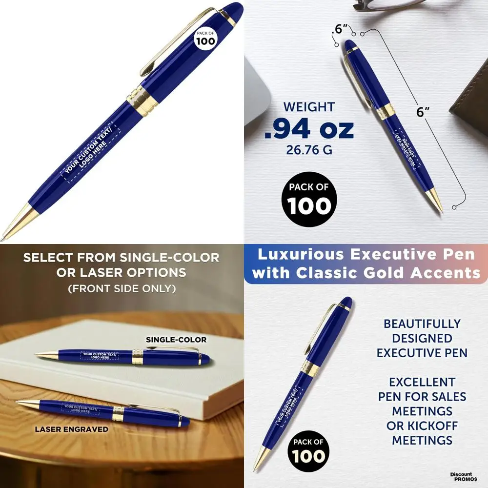 

Executive 100-Piece Ultra Pens Set - Customizable with Text or Logo, Twist Action, Gold Trim, Blue Ink - High-Quality Writing In