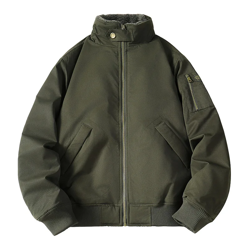 

Autumn Winter New Men's Jacket American Retro Fleece Lined Thickened Stand Collar Flight Suit Warm Casual Coat