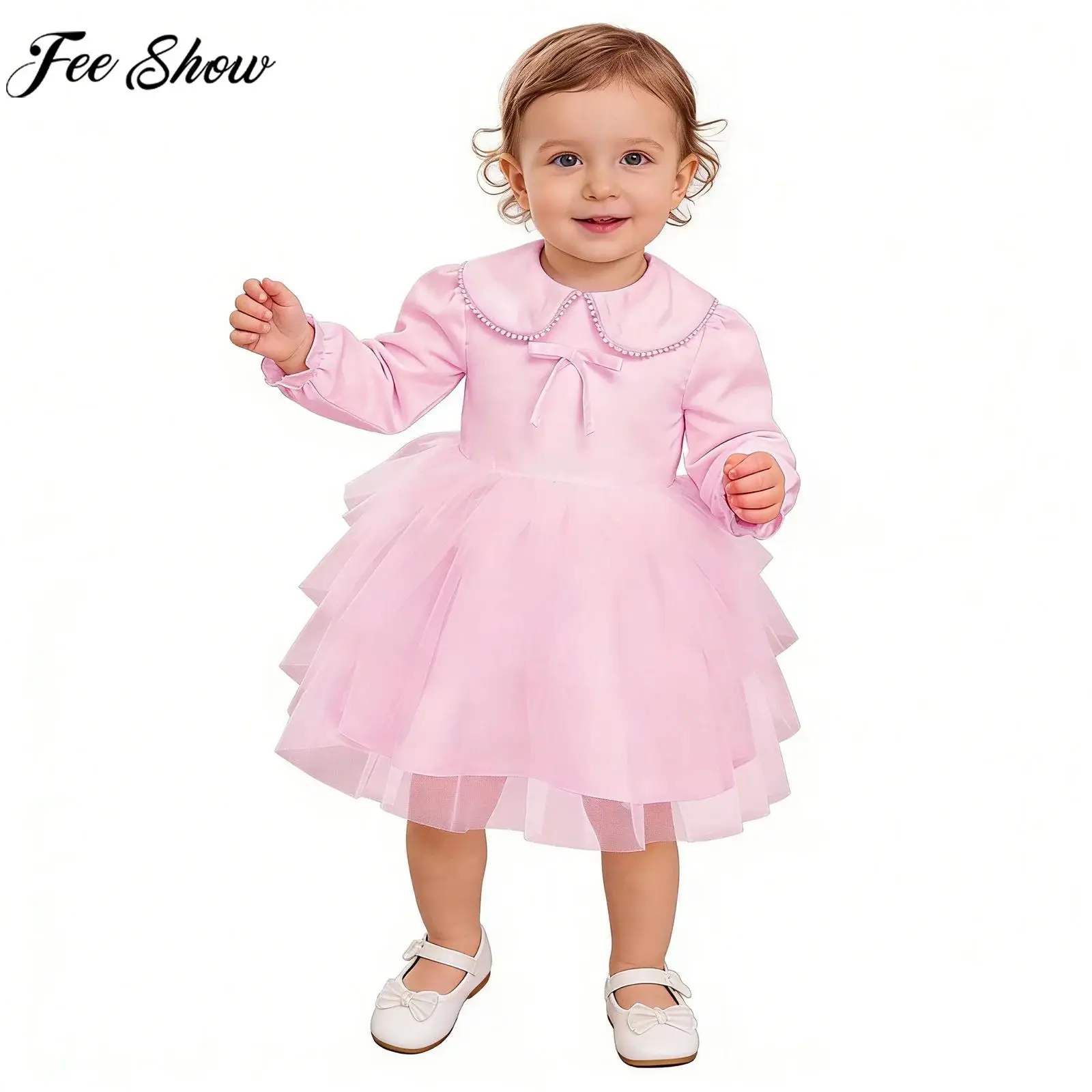 

Платье принцессы для маленьких девочек на крестины, свадьбу, день рождения, однотонное бальное платье-пачка из тюля с длинными рукавами и бантом на молнии