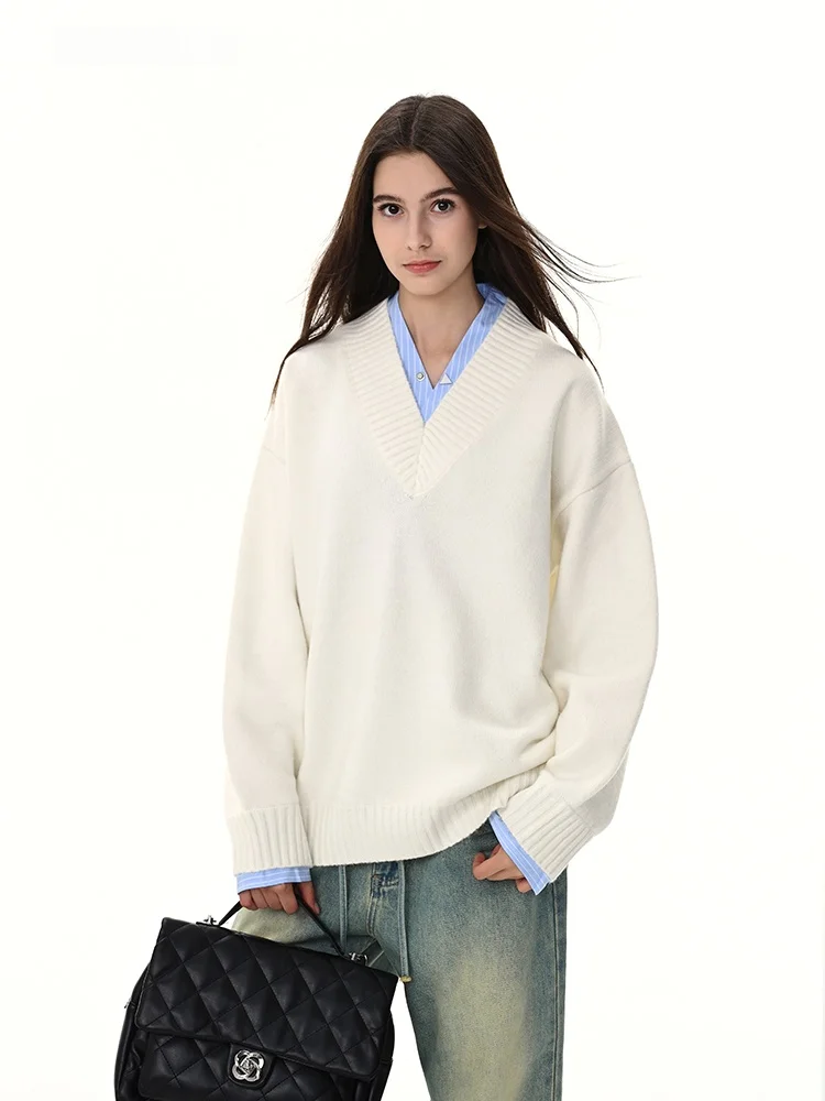 

Korean Sle Simple Double Layer V Ne Fake Two Piece Wool Sweater Men Women Lazy Casual Knitted irt Comfortable Loose Fit