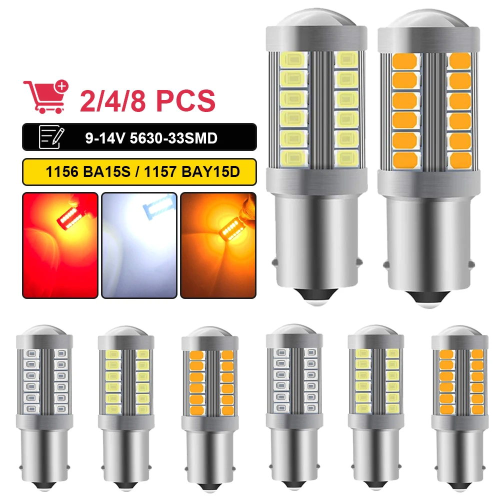 2/4/8 PCS Car LED Bulb P21W Ba15s 1156 PY21W Bay15d 1157 Turn Signal Light 12V 5730 Chipset 7500K Auto Tail Brake Parking Lamps