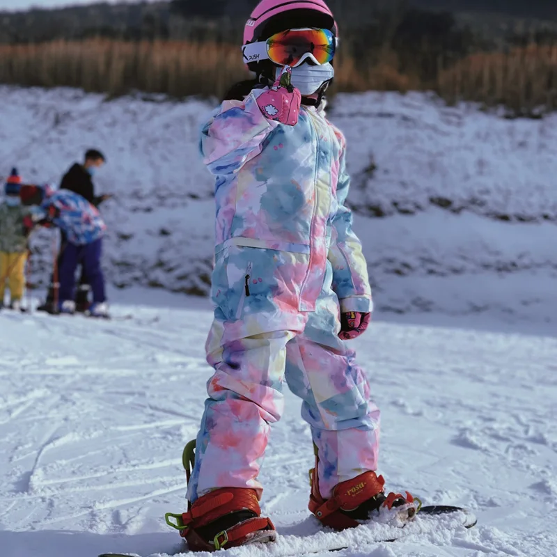 One-Piece Winter Snowboard Wear Waterproof Windproof Outdoor Sports Fleece Girls Boys Hood Skiing Suits Kids Cartoon Jumpsuits