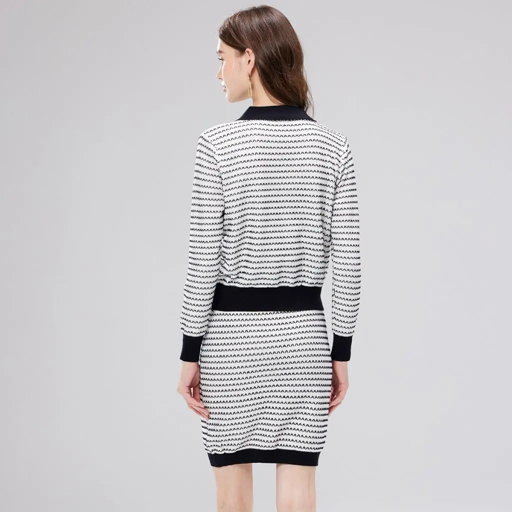 

Elegant French Wave Striped Knitted Coat And Short Skirt Two-Piece Set High-Grade Contrast Color for Autumn Socialite Look