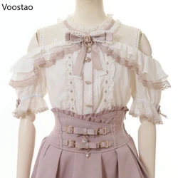 Japanse Sweet Lolita Blouses Vrouwen Elegante Liefde Hart Strik Off Shoulder Jk Shirt Meisjes Casual Kant Ruches Blusas Mujer Tops