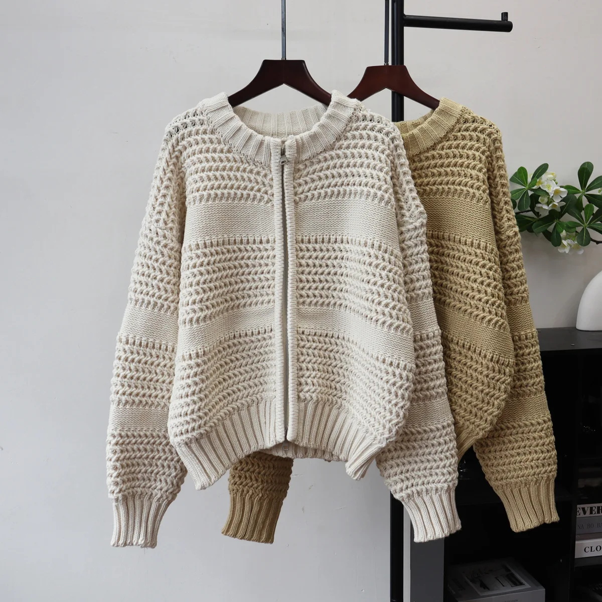 

Knitted Cardigan Sweaters Women Solid Jumpers Double Zipper Round Neck Long Sleeves Loose Casual Office Lady 2025 Autumn Winter