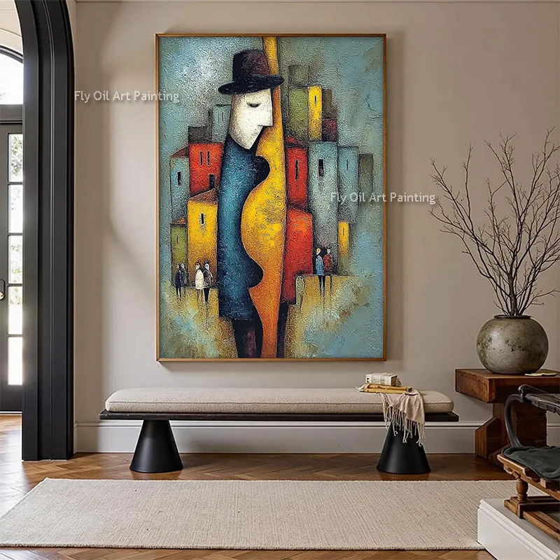 Fahional Abstract Blue Yellow Red Men Wall Art On Canvas Hand Painted New Simplism Beige Red Yellow Face Oil Painting For Decor