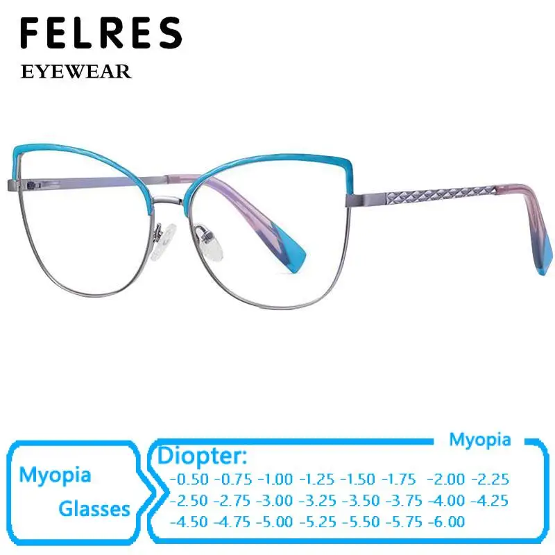 Fashion Vision Correction Glasses Myopia Men Women Metal Cat Eye Anti Blue Light Trendy Computer Optical Prescription Glasses