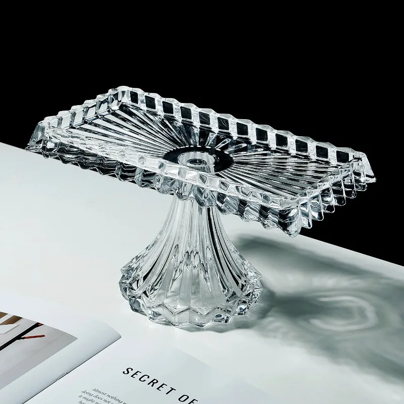 Delicate transparent crystal glass tall fruit plate setting table cutting plate candy plate afternoon tea cake snack long tray