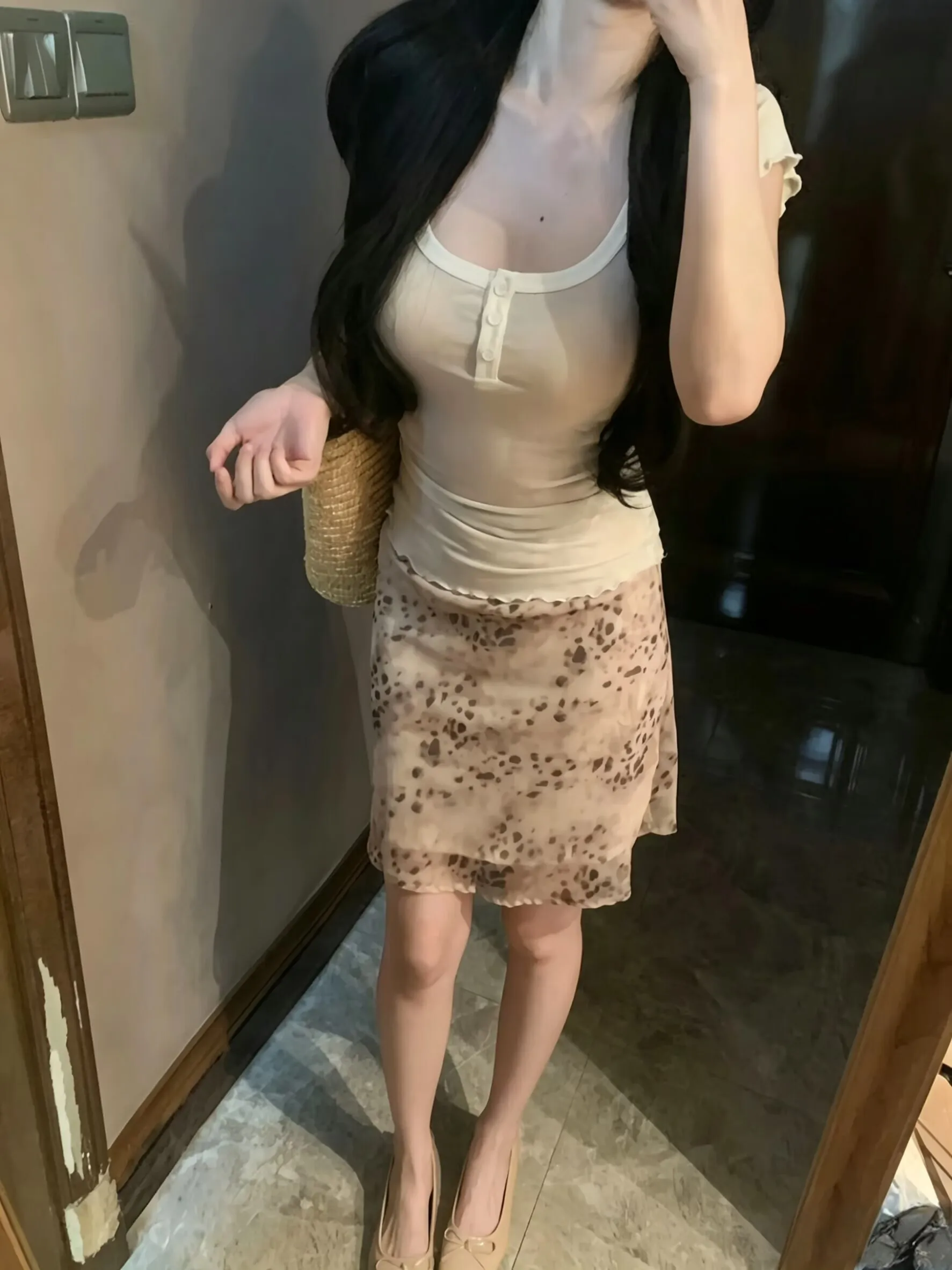 Elegant Short Sleeve U-Neck T-Shirt Women's Comfortable Commute Pure Desire Ambiance Light Leopard Print Chiffon Skirt Brown ...