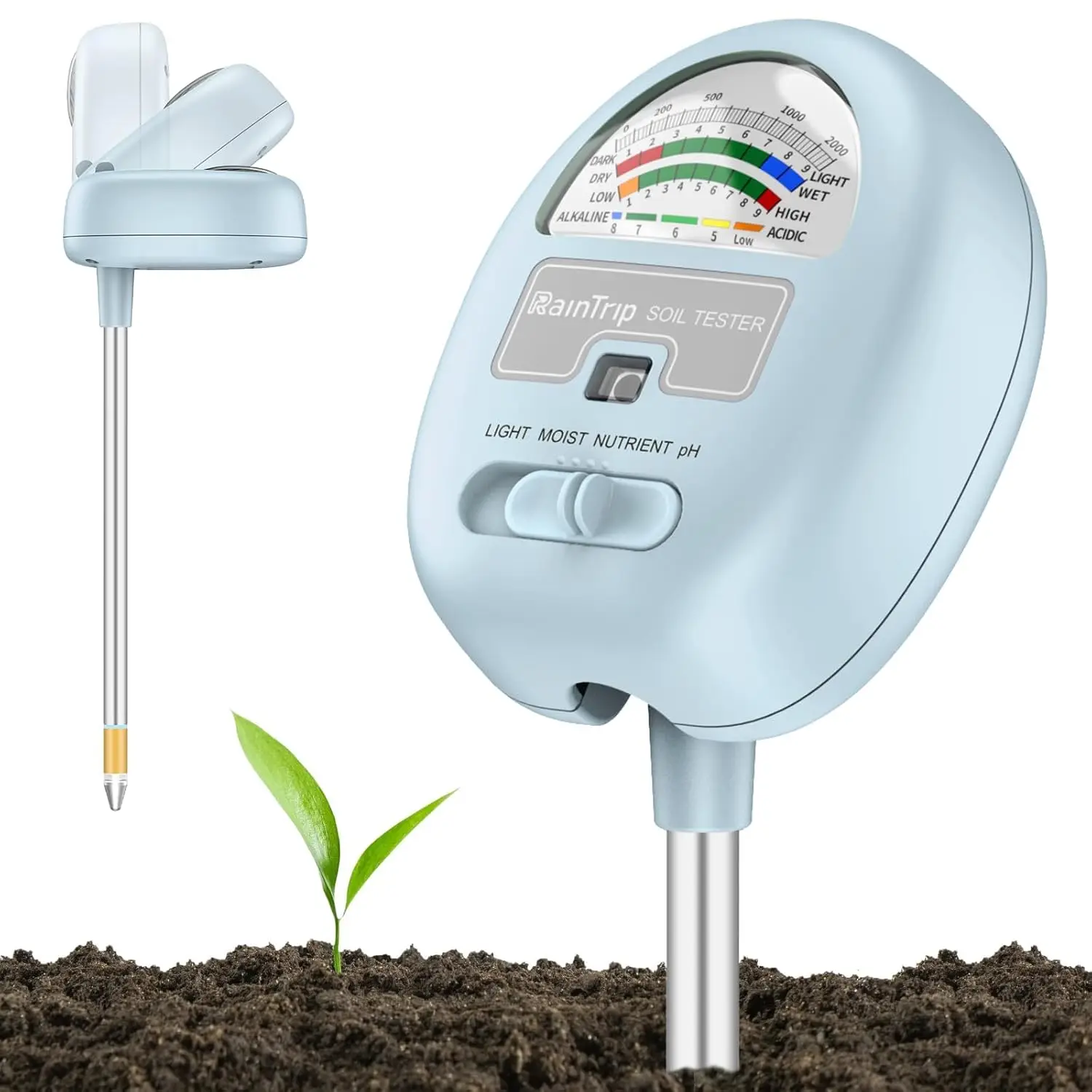 

4-in-1 Soil Moisture Meter: pH, Light, Nutrients, No Battery, Blue