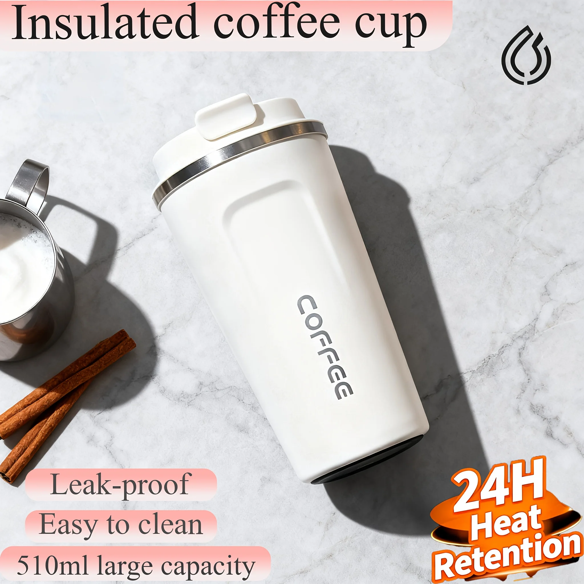 17.25 FL oz Insulated Coffee Travel Mug - 304 Stainless Steel Leakproof Reusable Tumbler