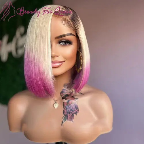 Imagen 2 del producto Pelucas cortas de corte Bob, peluca de cabello humano con encaje Frontal rubio miel 613, peluca Frontal de encaje Remy brasileño de color rosa ombré prearrancada
