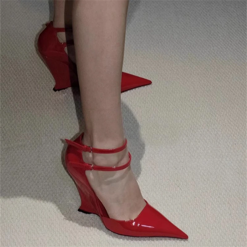 

Wedge Heel Sexy Pointed Toe Women Shoes Buckle Strap 2024 New Design Ladies Shoes Fashion 8.5cm High Heel Zapatos Para Mujeres