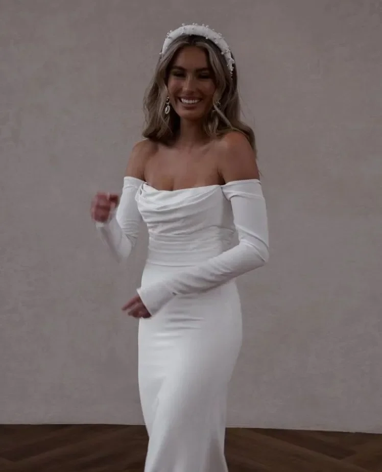 Preciosos vestidos de novia de sirena con hombros descubiertos y cuello barco personalizados, ilusión de volantes 2024 con cola de corte, vestidos de novia de tul