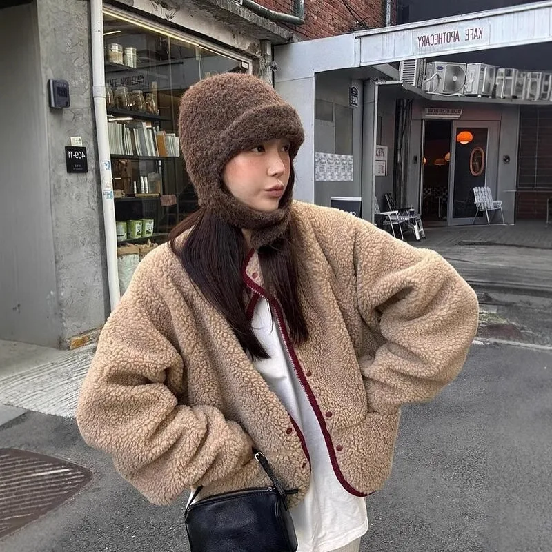2025 Winter Polar Fleece Jacket Solid Color Thick Warm Short Casual Women's Top