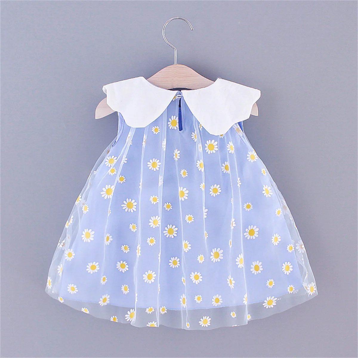 Summer Children\'s Dress Girl\'s Little Daisy Big Flip Collar Solid Color Sleeveless Sweet Cute Mesh Dress