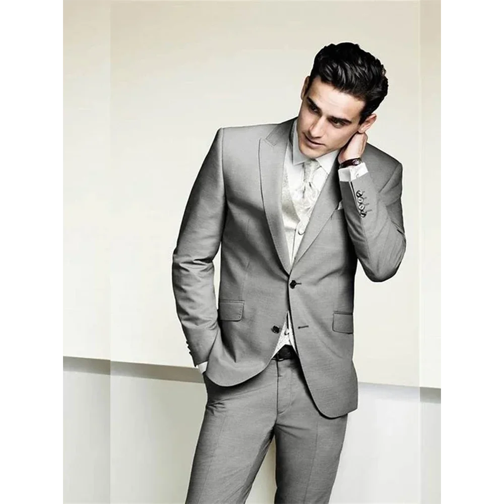 

Light Gray Men's Suit Single Breasted Peak Lapel 2 Piecs Jacket Pants Slim Fit Casual Business Tuxedos For Wedding
