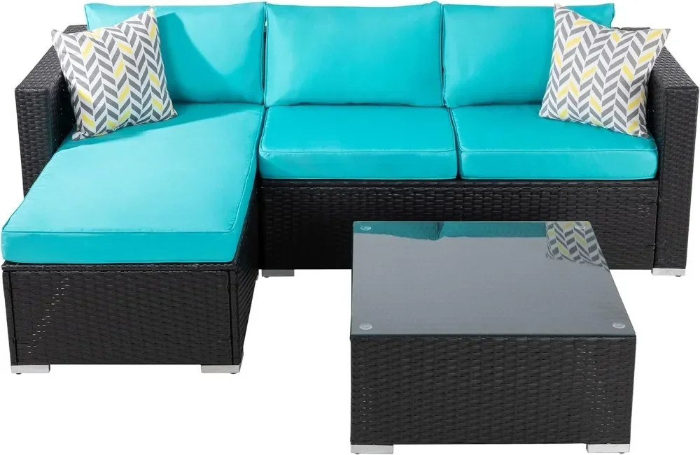 Outdoor Wicker Patio Sofa Set, Black All-Weather Rattan Small Sectional Patio Set and Chaise Lounge w/ Glass Coffee Table